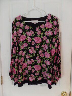 Laurie Felt XL 18 20 Printed Woven Blouse w/Pleated Sleeves QVC Flower Retro Mod